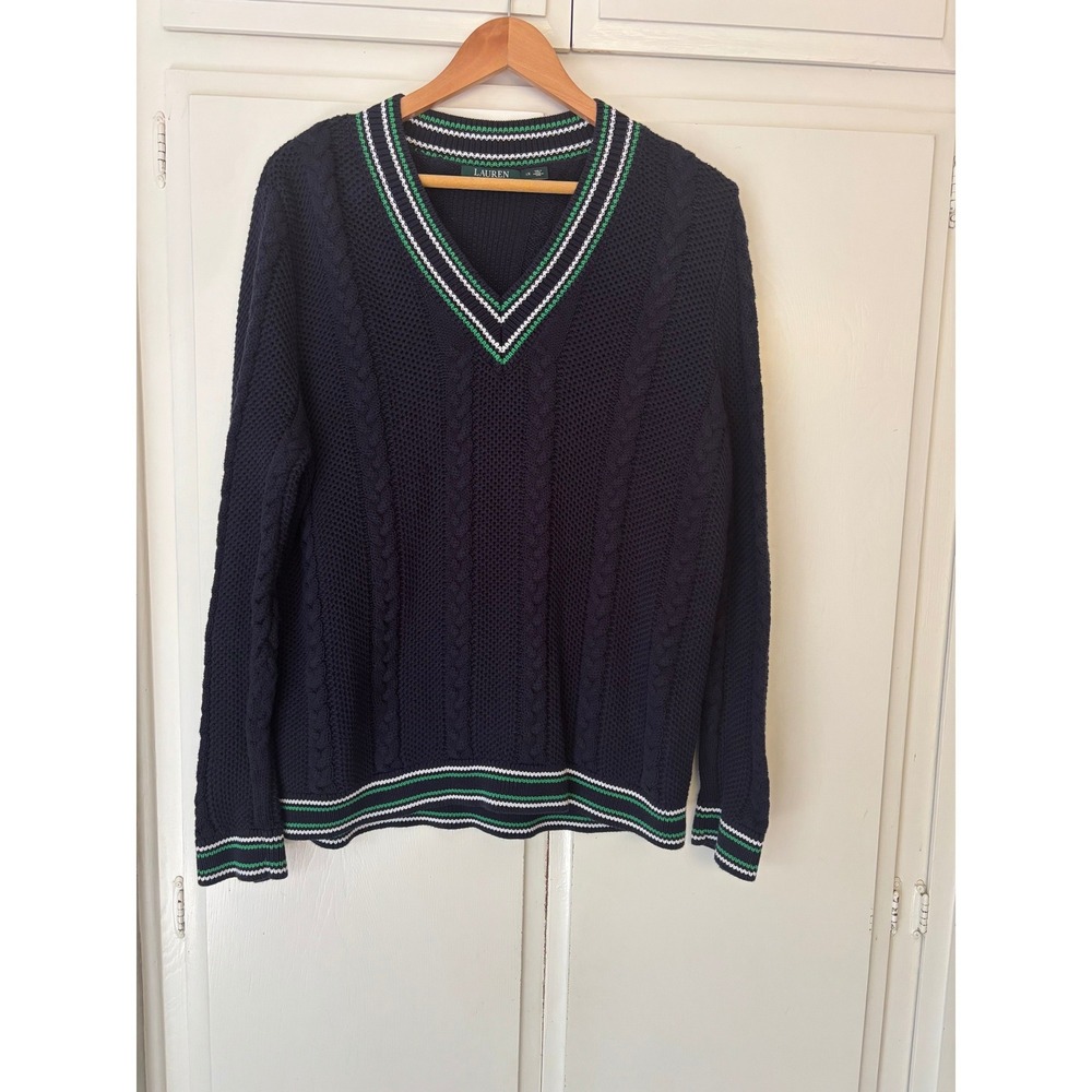Lauren Ralph Lauren Navy Blue Cricket V-Neck Cable Knit Sweater Green Trim 1X